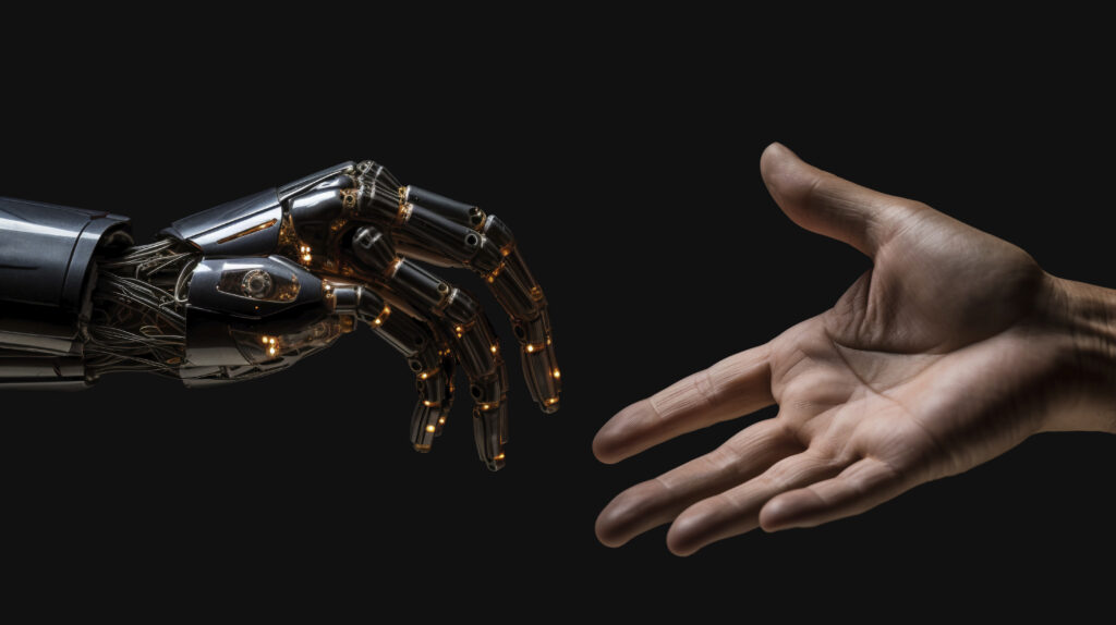 Illustration of a human hand reaching toward a robotic hand