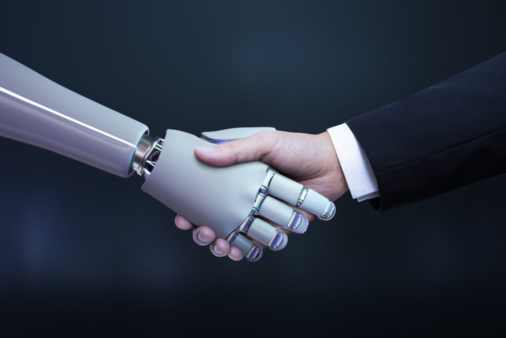 Illustration of a human hand shaking a robotic hand