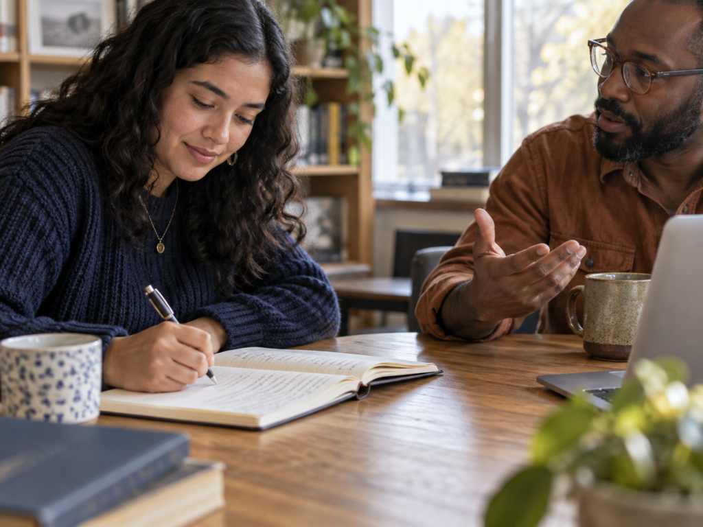 Two adult learners exchanging ideas while one writes reflectively in an open notebook