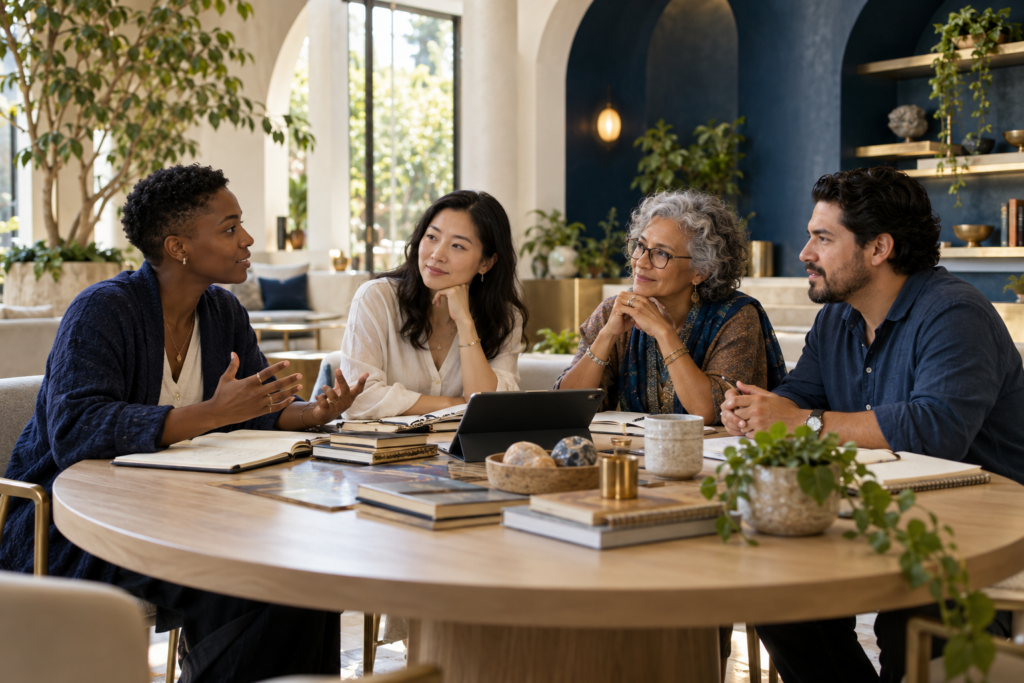 AI-generated illustration of four adults collaborating around a table