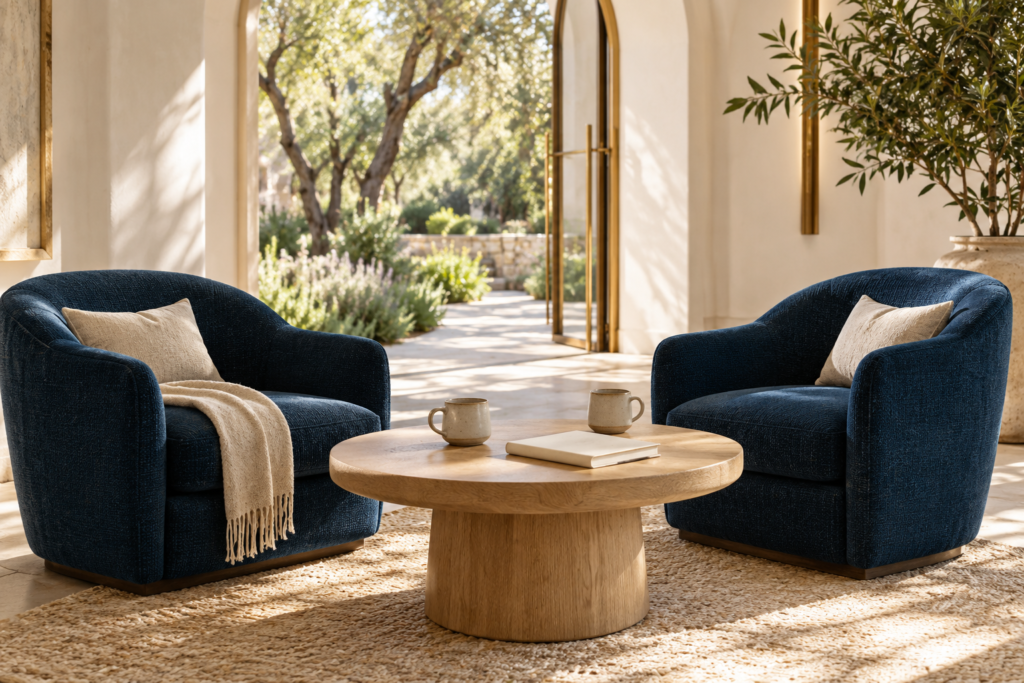 AI-generated illustration of two navy chairs and a table in a sunlit conversation space